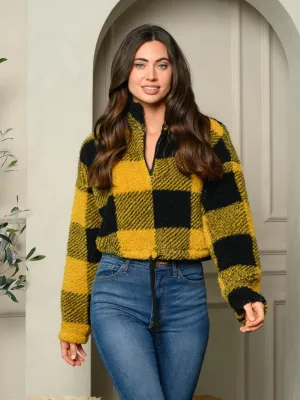 WOMEN'S LONG SLEEVE ZIP UP PLAID PULLOVER SWEATER