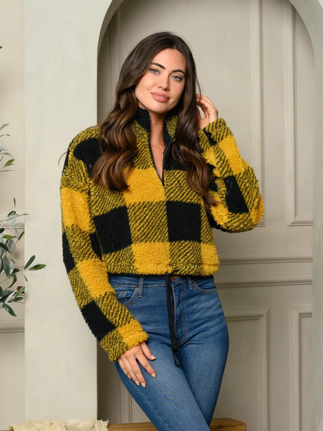 WOMEN'S LONG SLEEVE ZIP UP PLAID PULLOVER SWEATER