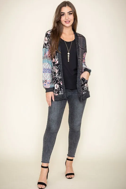 Women's Mix Fabric Multicolor Open Cardigan