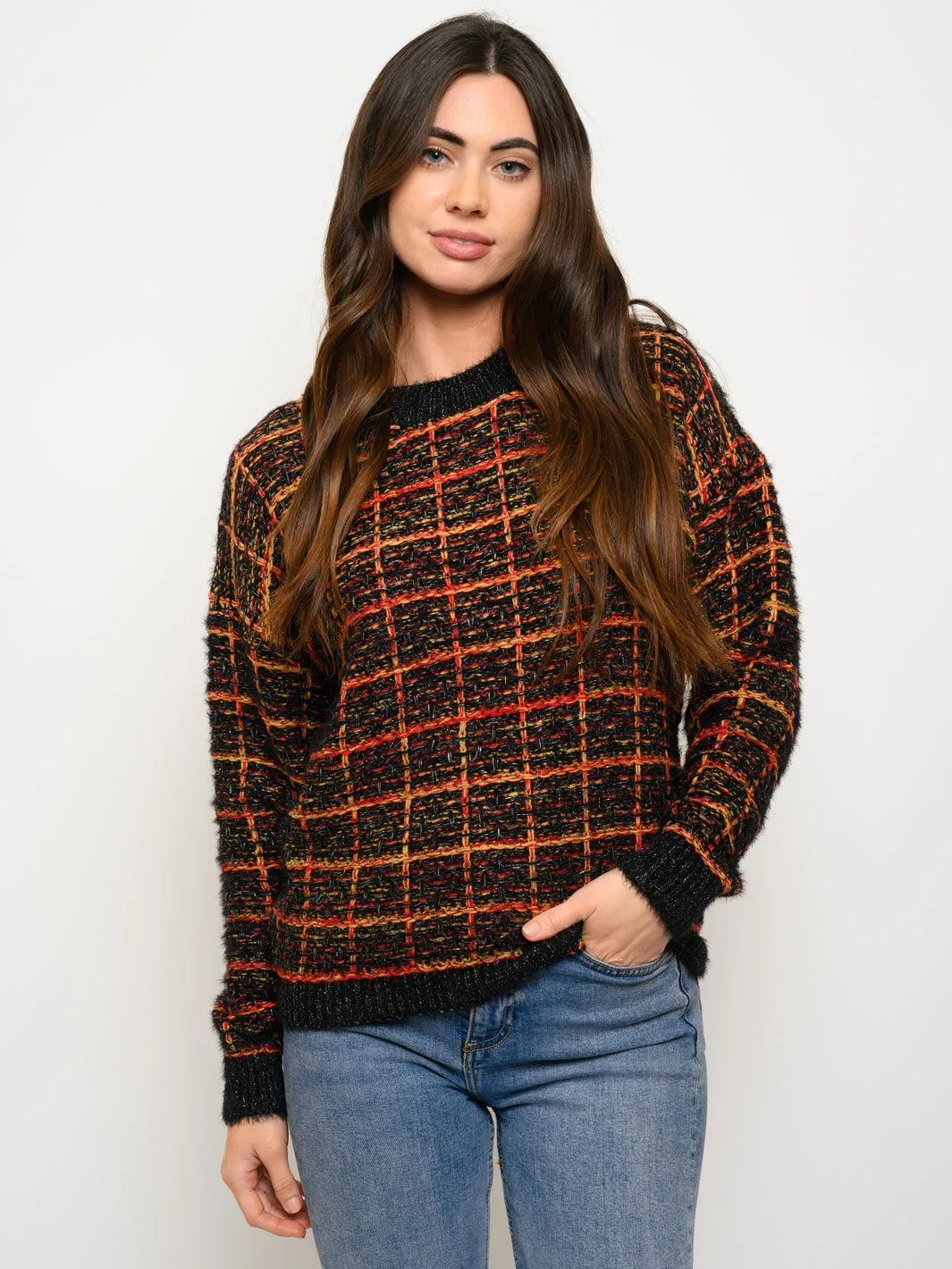 WOMEN'S MULTI COLOR PLAID METALLIC SWEATER