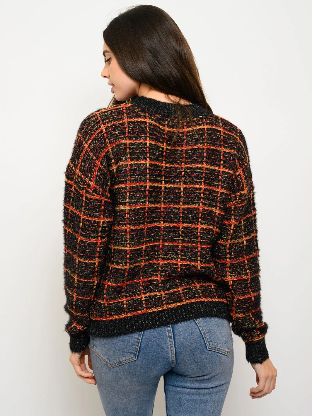 WOMEN'S MULTI COLOR PLAID METALLIC SWEATER