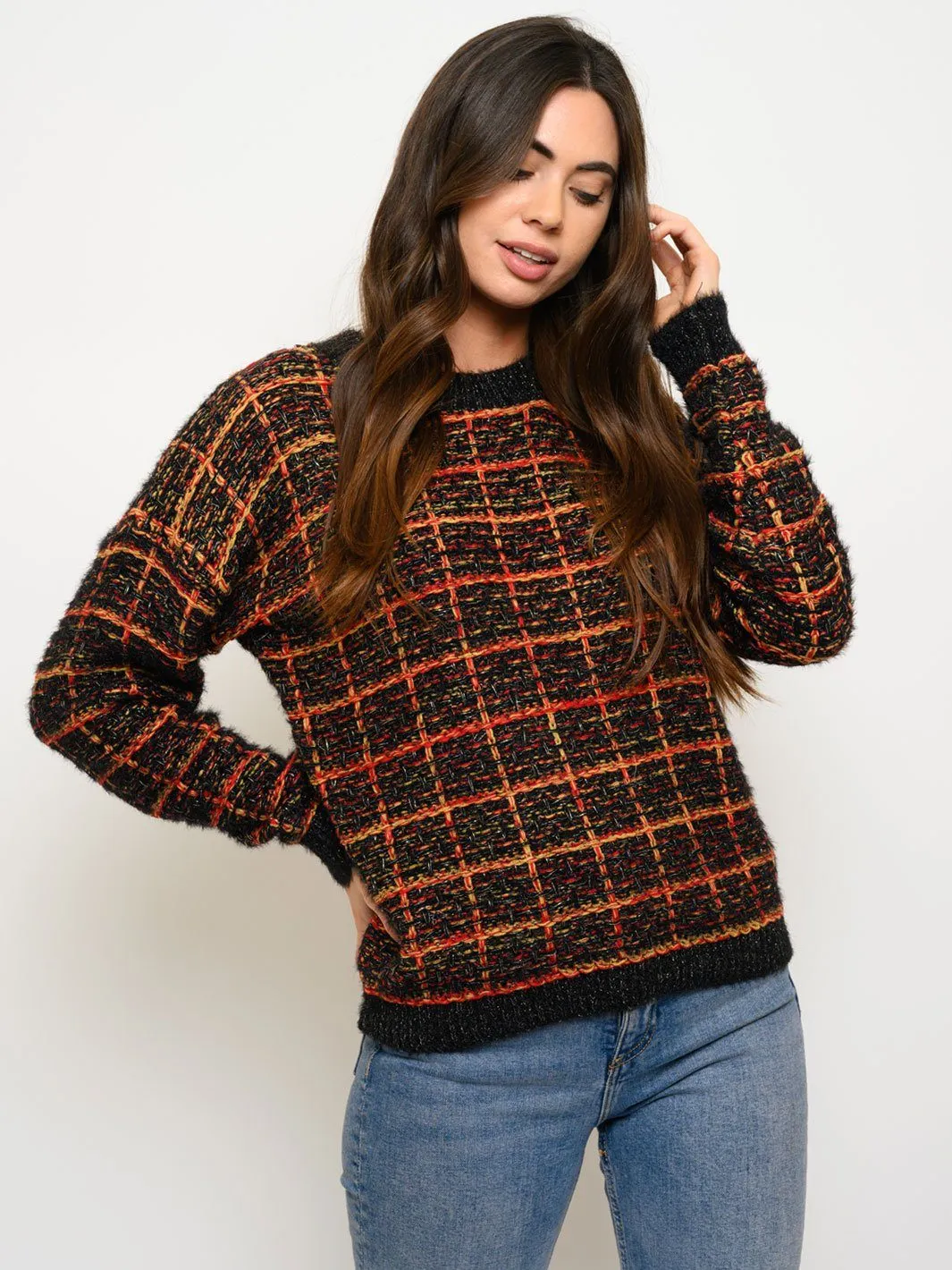 WOMEN'S MULTI COLOR PLAID METALLIC SWEATER