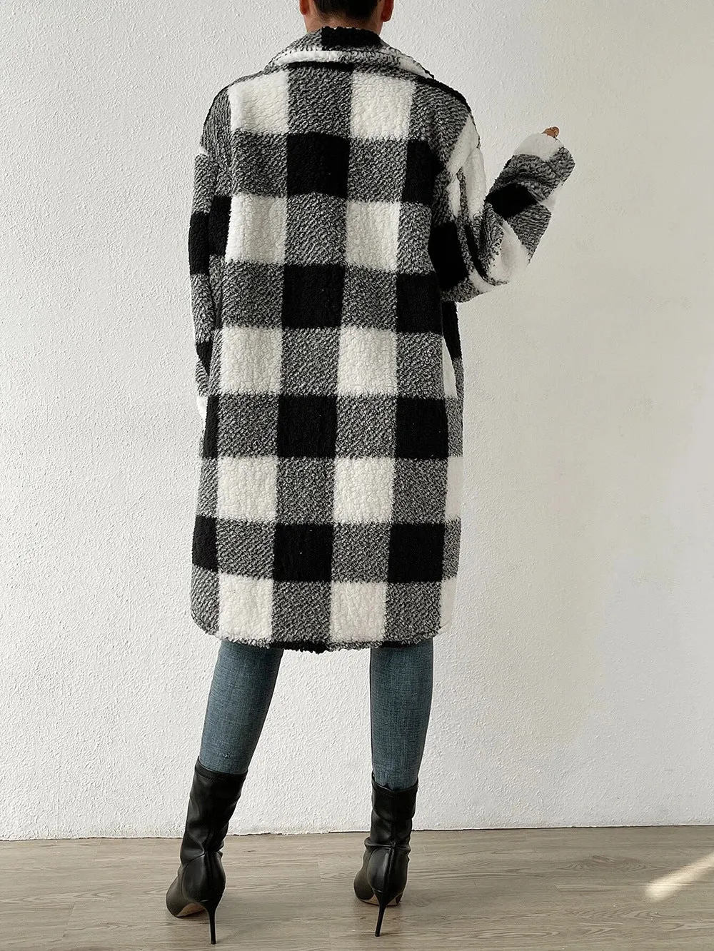 Women's Plaid Print Button Front Pocket Fuzzy Coat