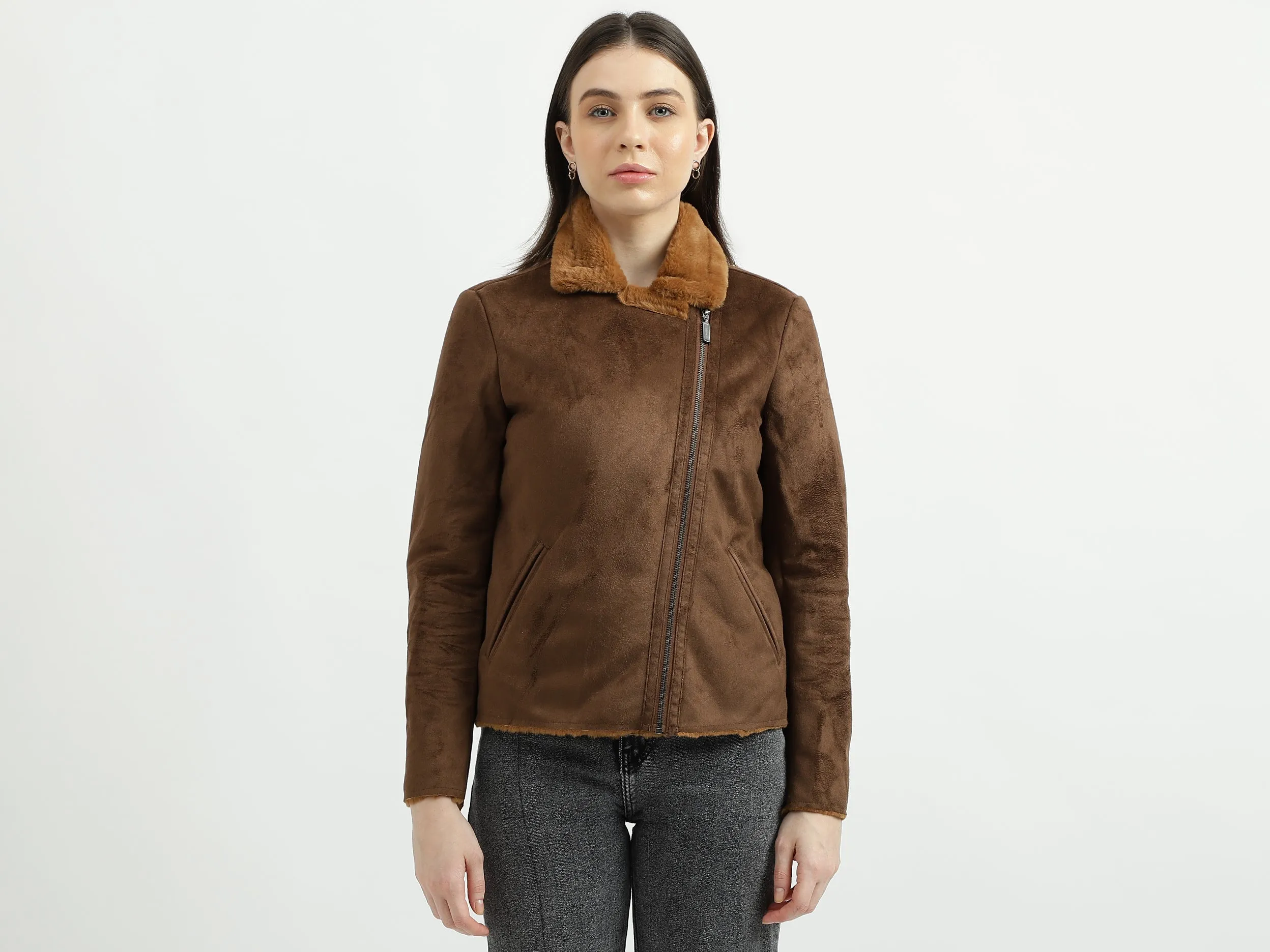 Women's Regular Fit Fur Detail Suede Jacket