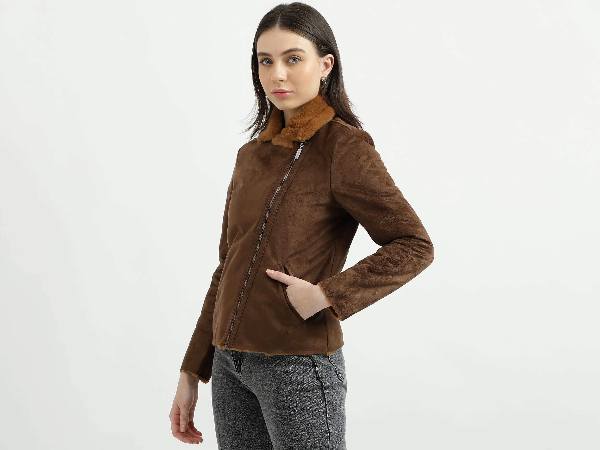 Women's Regular Fit Fur Detail Suede Jacket