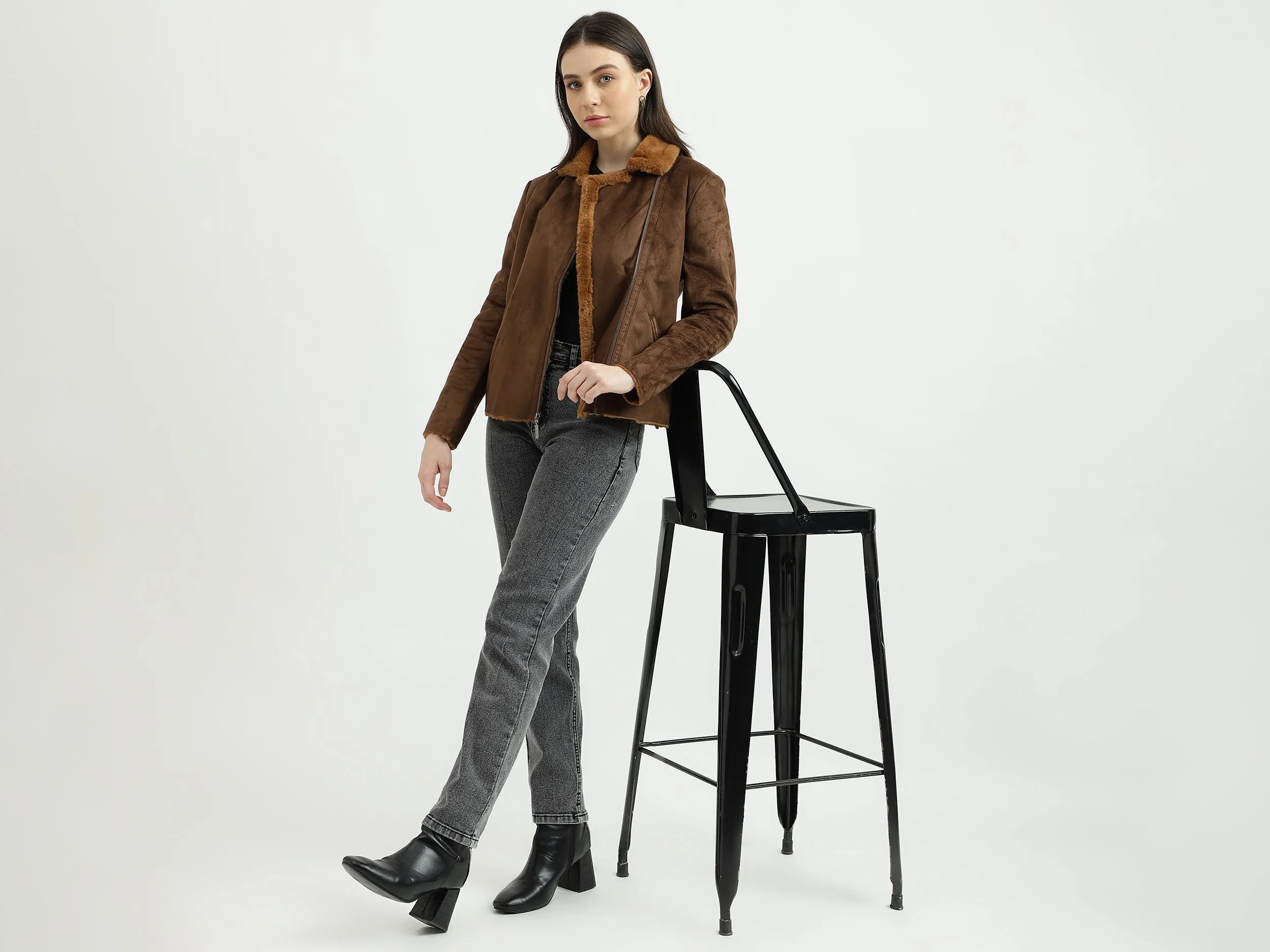 Women's Regular Fit Fur Detail Suede Jacket