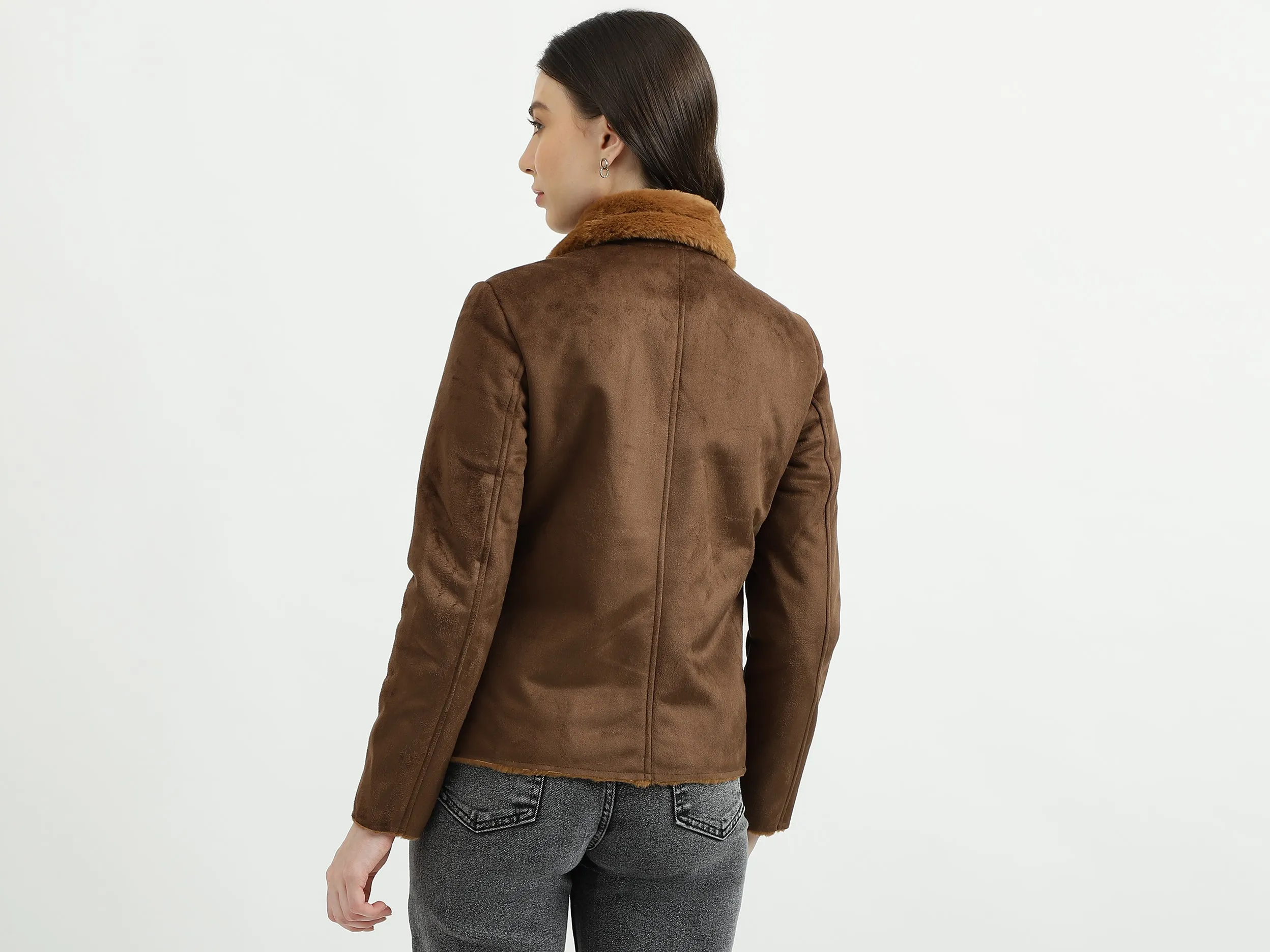 Women's Regular Fit Fur Detail Suede Jacket