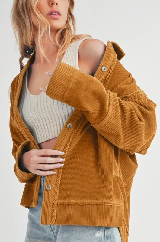 Women's Side Slit Exposed Seam Button Up Corduroy Jacket