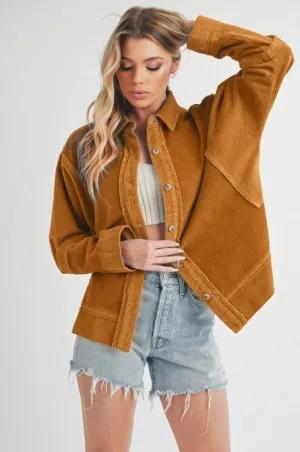 Women's Side Slit Exposed Seam Button Up Corduroy Jacket