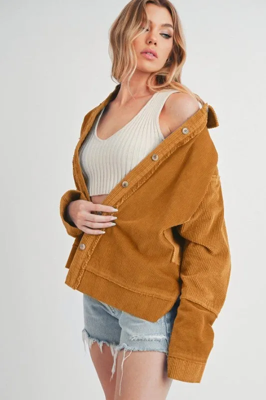 Women's Side Slit Exposed Seam Button Up Corduroy Jacket