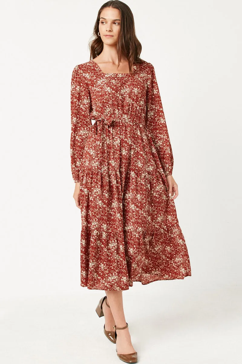 Womens Square Neck Puff Sleeve Belted Dress