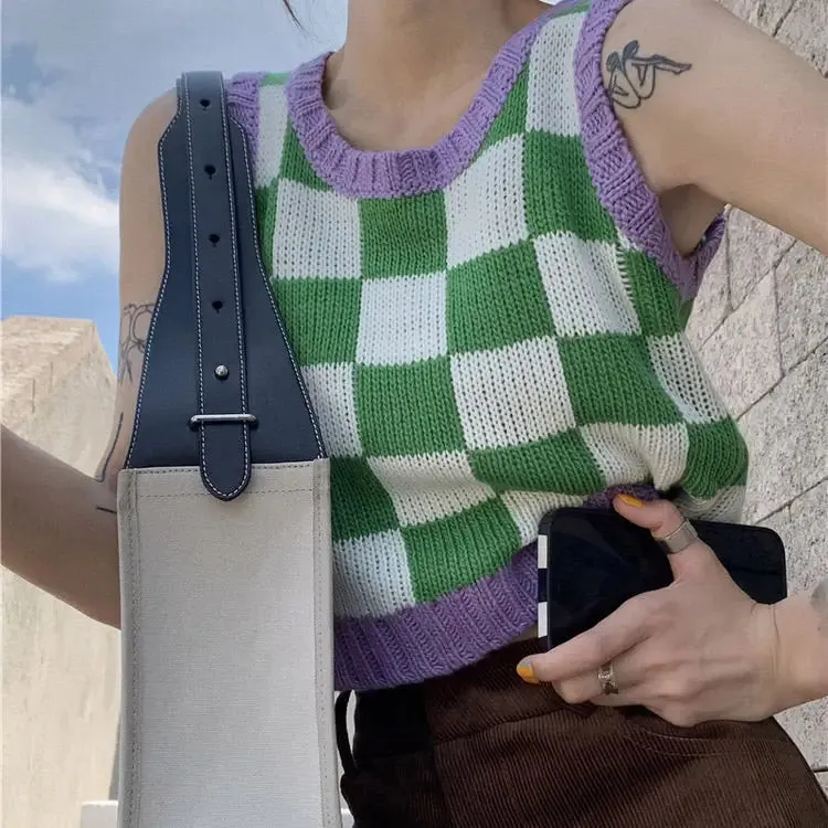 Y2K Green and Purple Checkered Knit Sweater Vest with Ribbed Trim