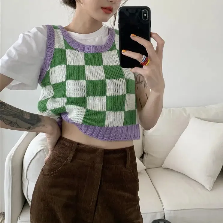 Y2K Green and Purple Checkered Knit Sweater Vest with Ribbed Trim
