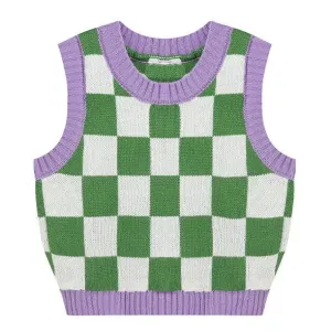 Y2K Green and Purple Checkered Knit Sweater Vest with Ribbed Trim