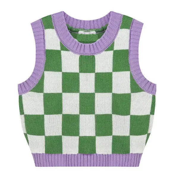 Y2K Green and Purple Checkered Knit Sweater Vest with Ribbed Trim