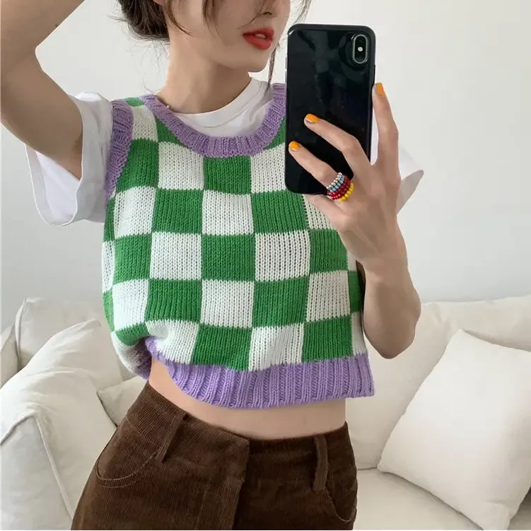 Y2K Green and Purple Checkered Knit Sweater Vest with Ribbed Trim