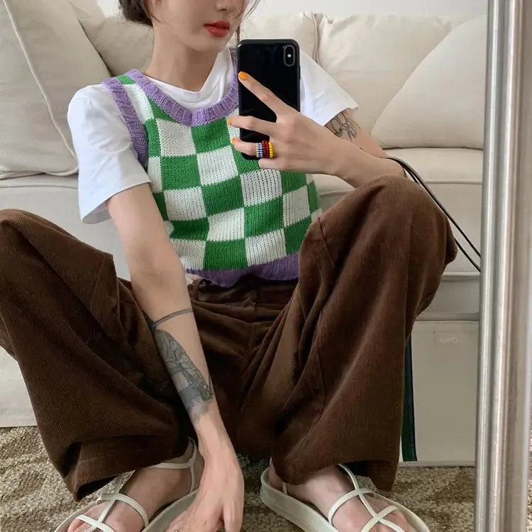 Y2K Green and Purple Checkered Knit Sweater Vest with Ribbed Trim