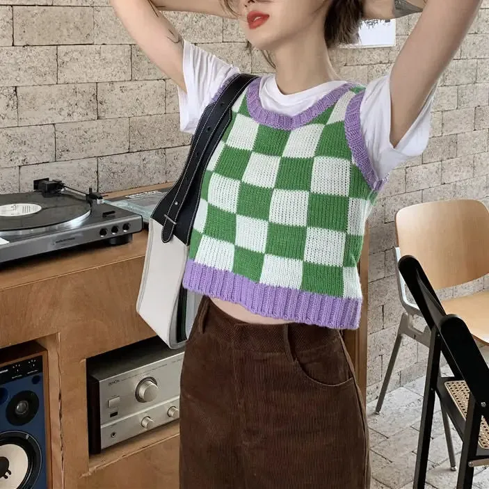 Y2K Green and Purple Checkered Knit Sweater Vest with Ribbed Trim