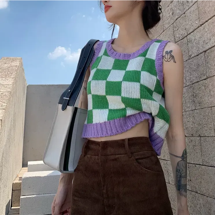 Y2K Green and Purple Checkered Knit Sweater Vest with Ribbed Trim