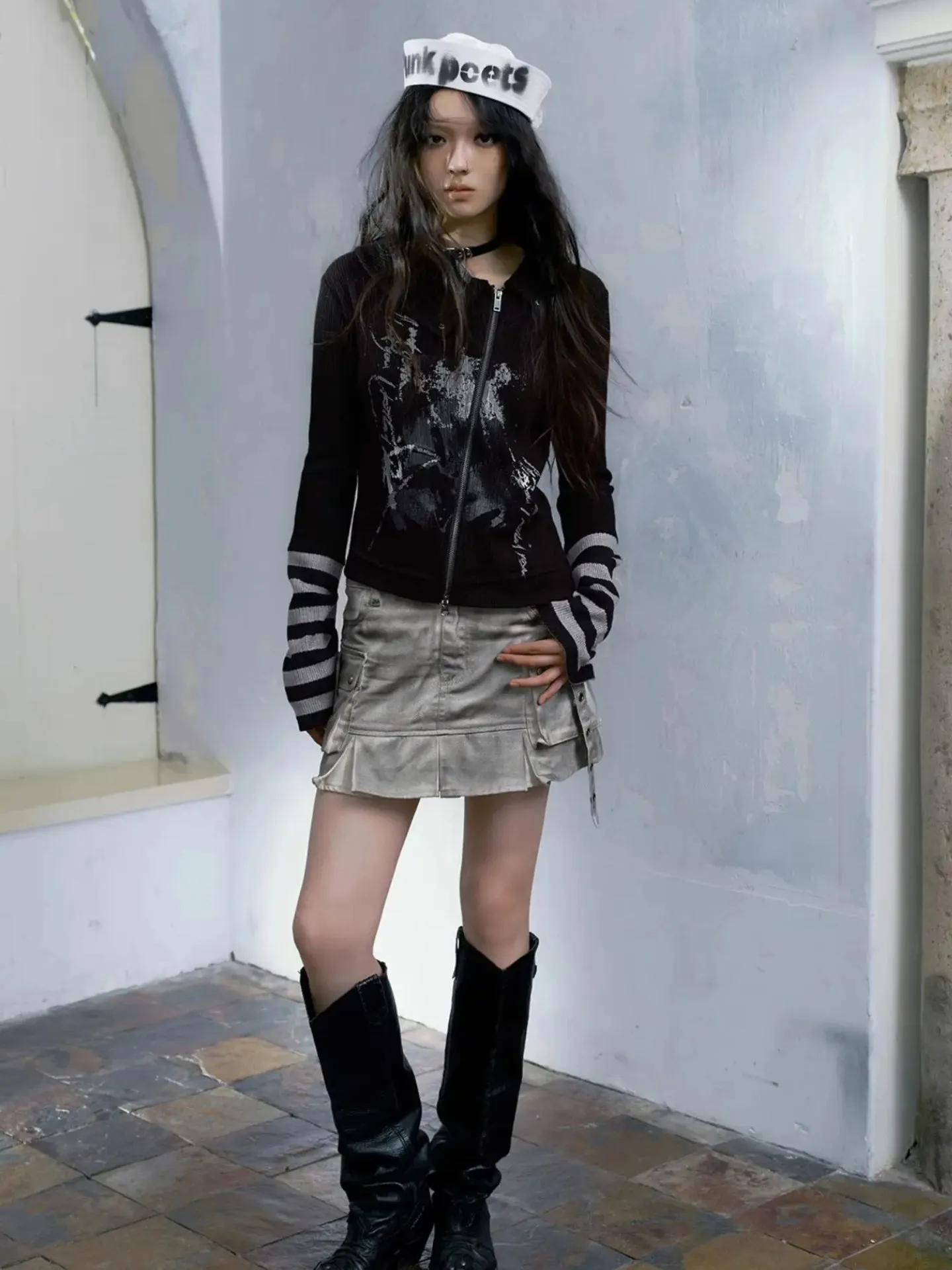 Y2K Grunge Asymmetric Zip-Up Cardigan