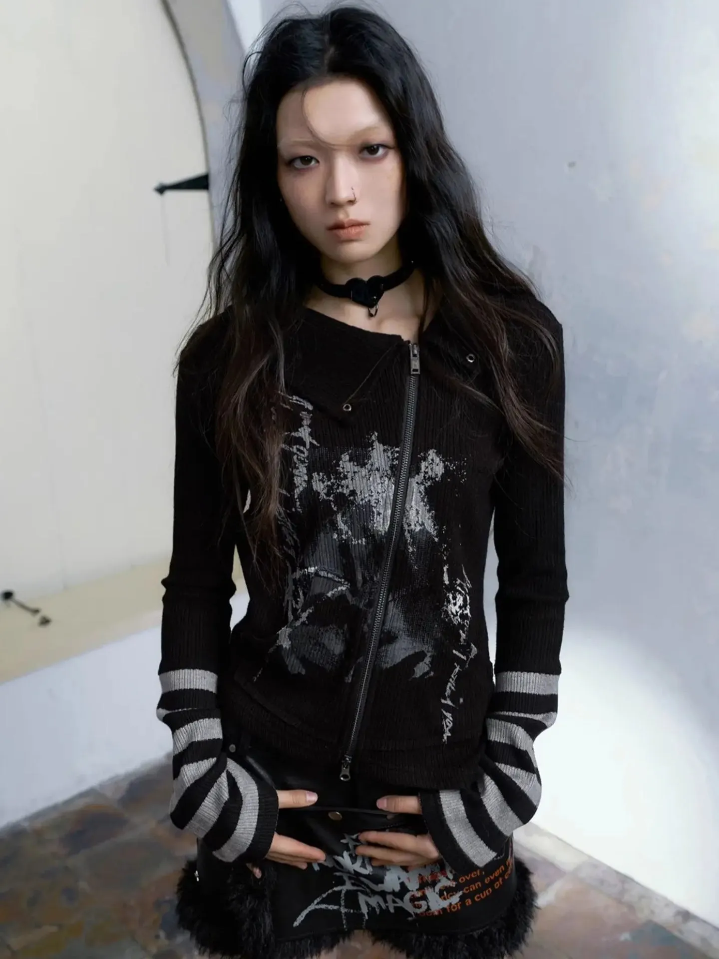 Y2K Grunge Asymmetric Zip-Up Cardigan