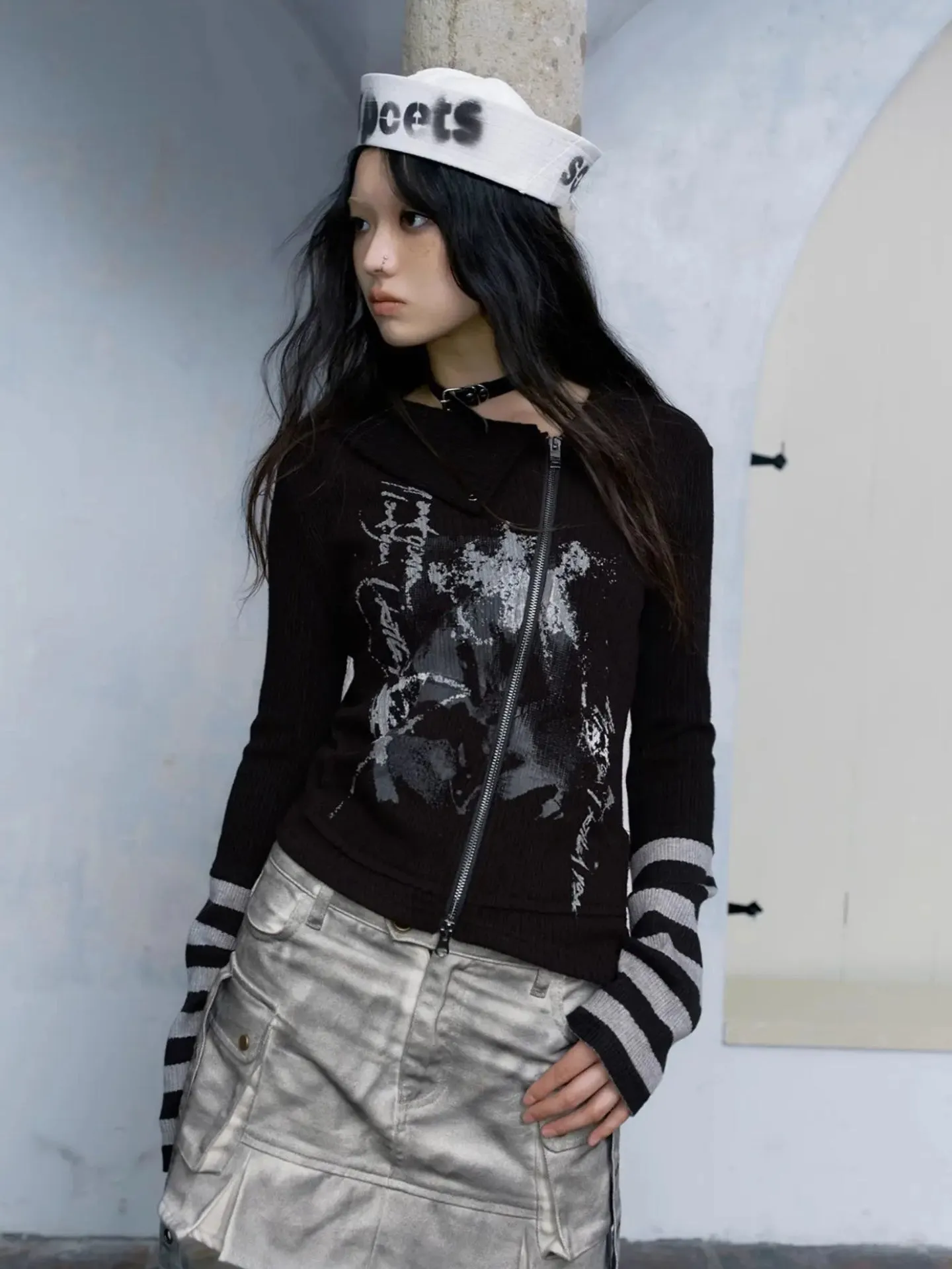Y2K Grunge Asymmetric Zip-Up Cardigan