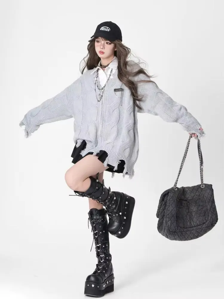 Y2K Ripped Knitted Cardigan