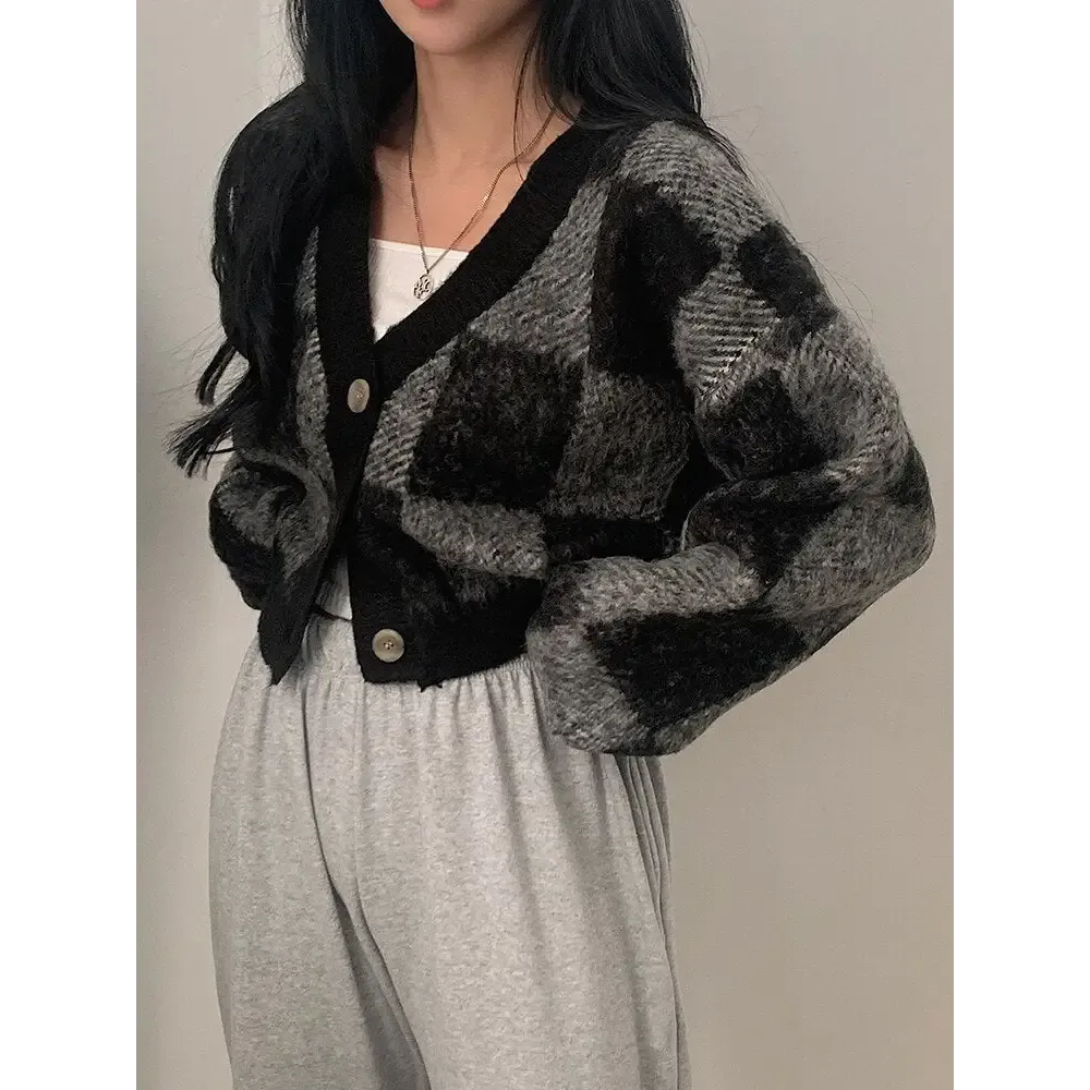 Y2K Style Full Zip Plaid Jacket in Pink and Black for Autumn Winter