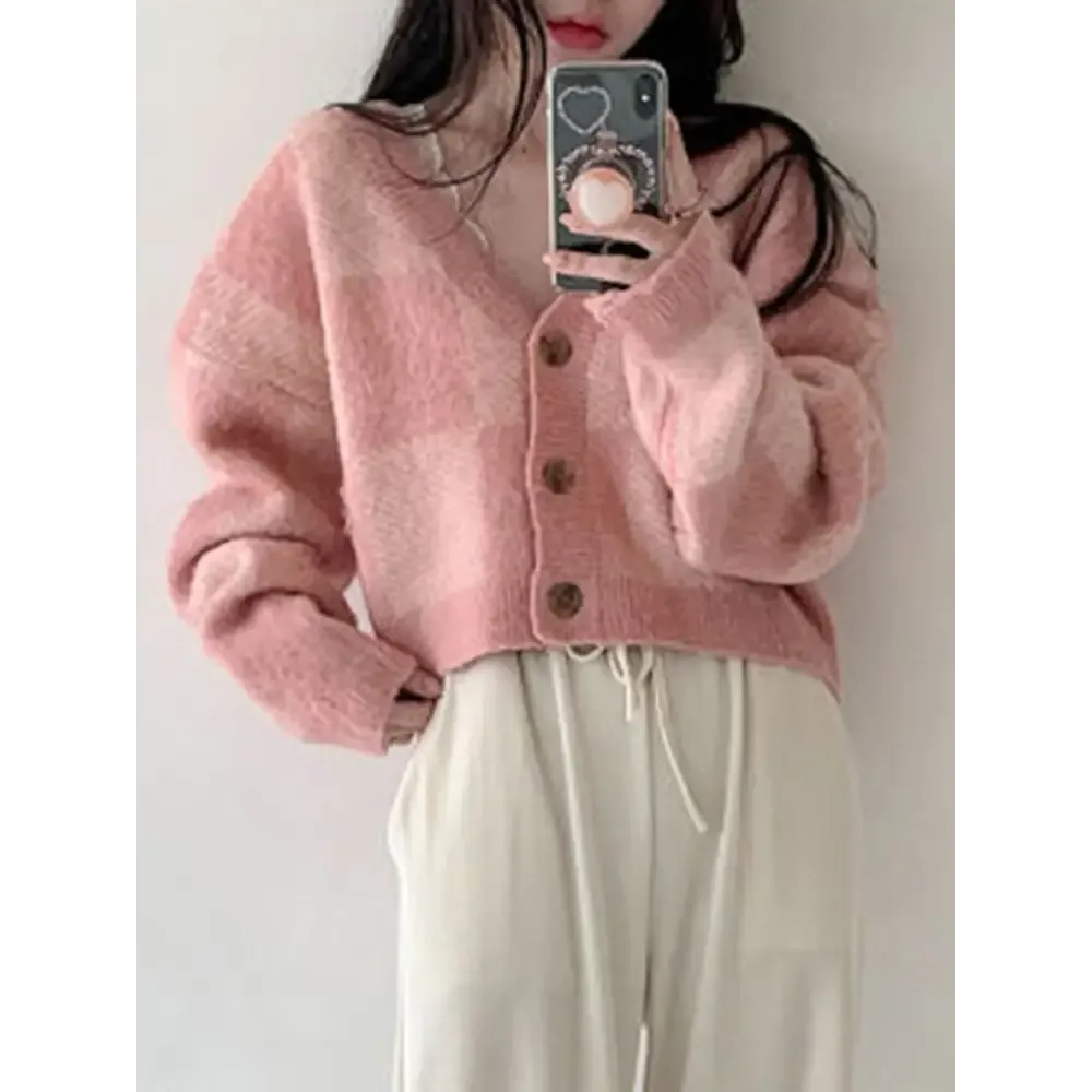Y2K Style Full Zip Plaid Jacket in Pink and Black for Autumn Winter
