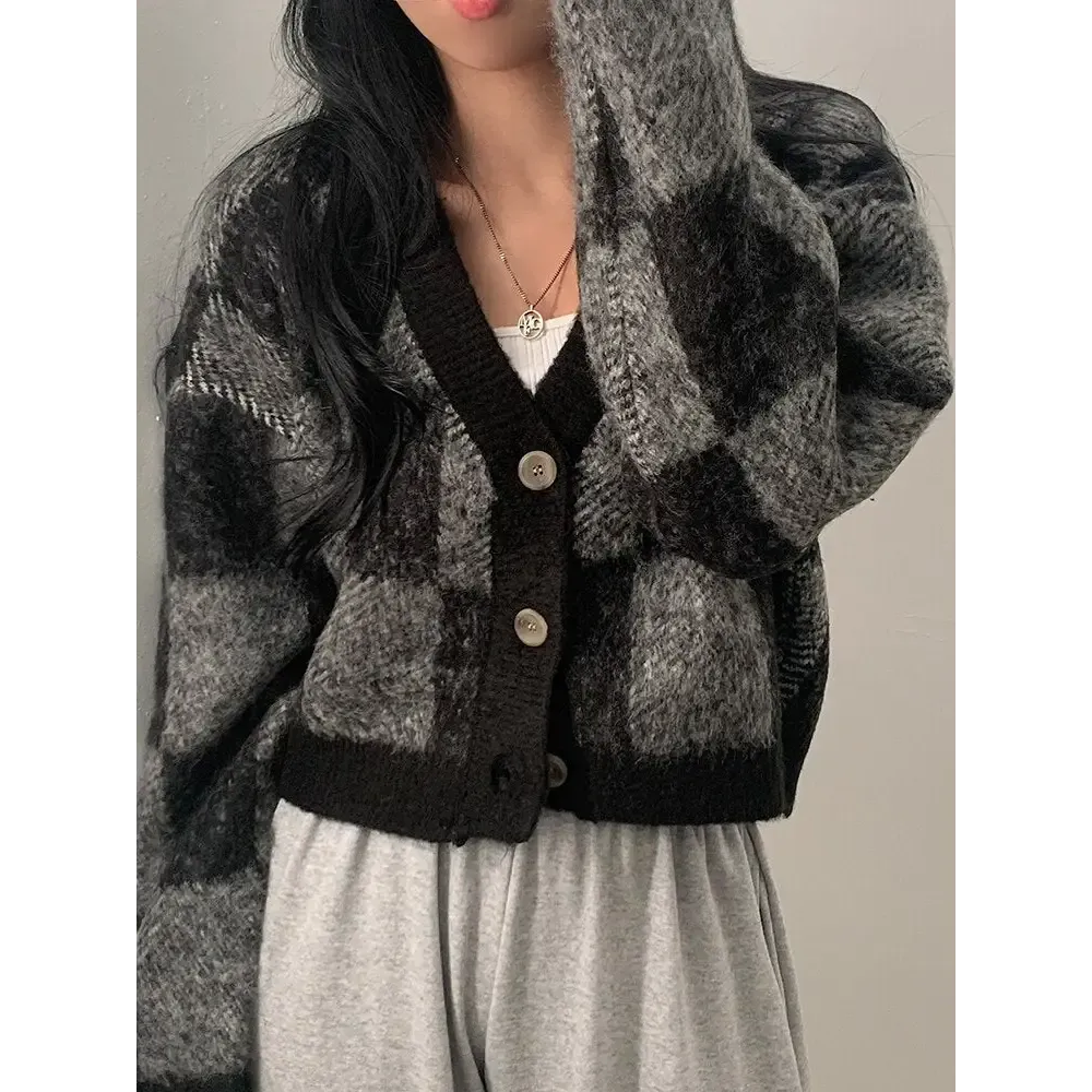Y2K Style Full Zip Plaid Jacket in Pink and Black for Autumn Winter