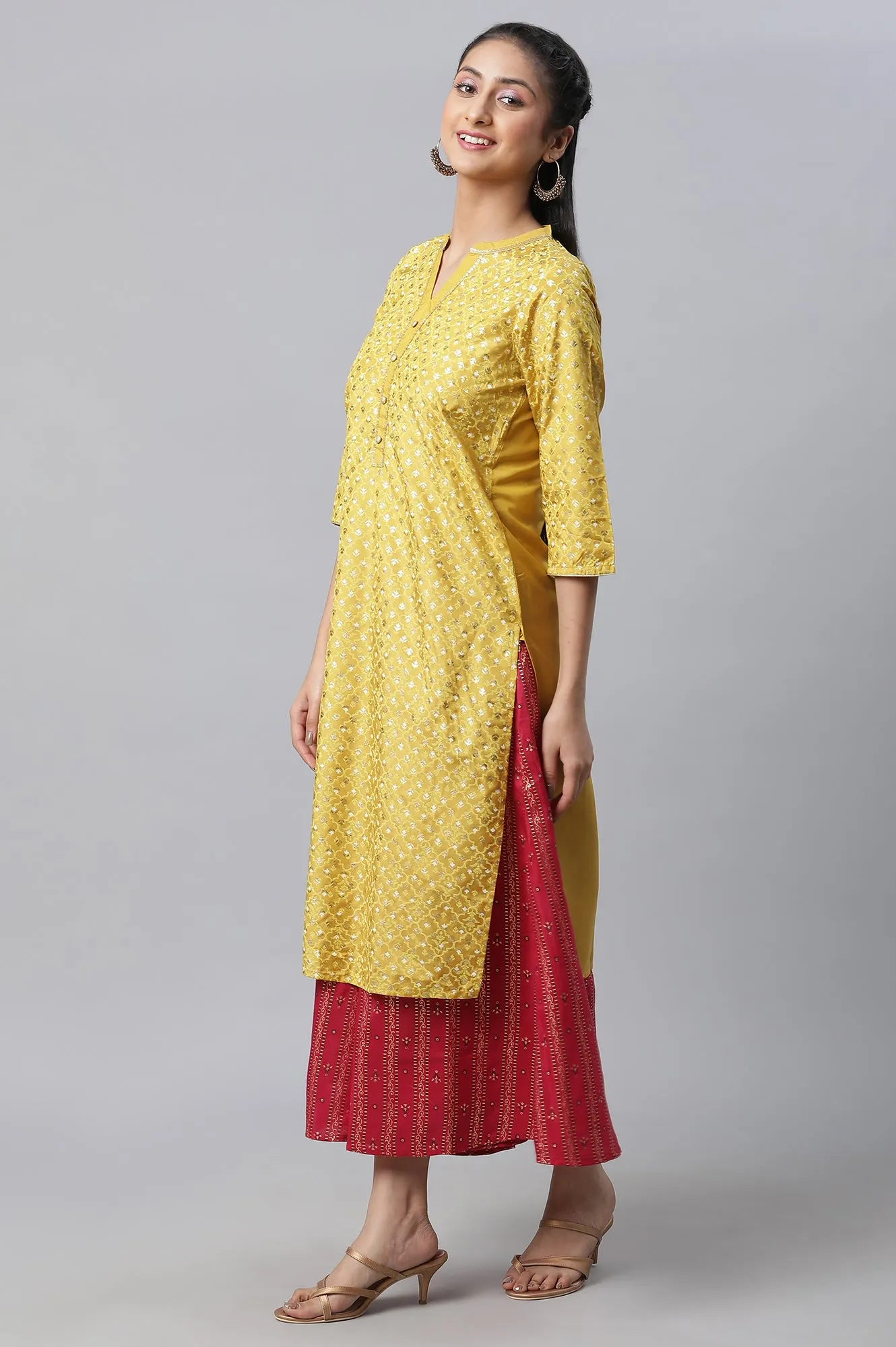 Yellow Foil Printed kurta, Culottes & Dupatta