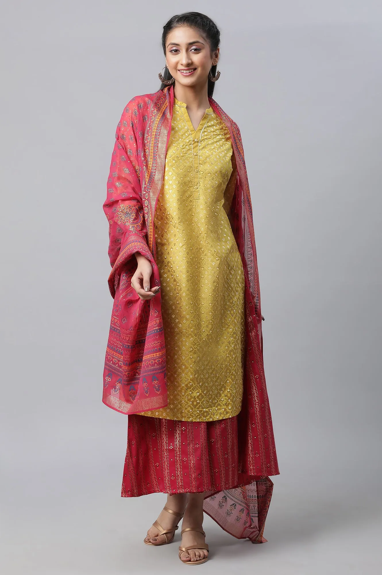 Yellow Foil Printed kurta, Culottes & Dupatta