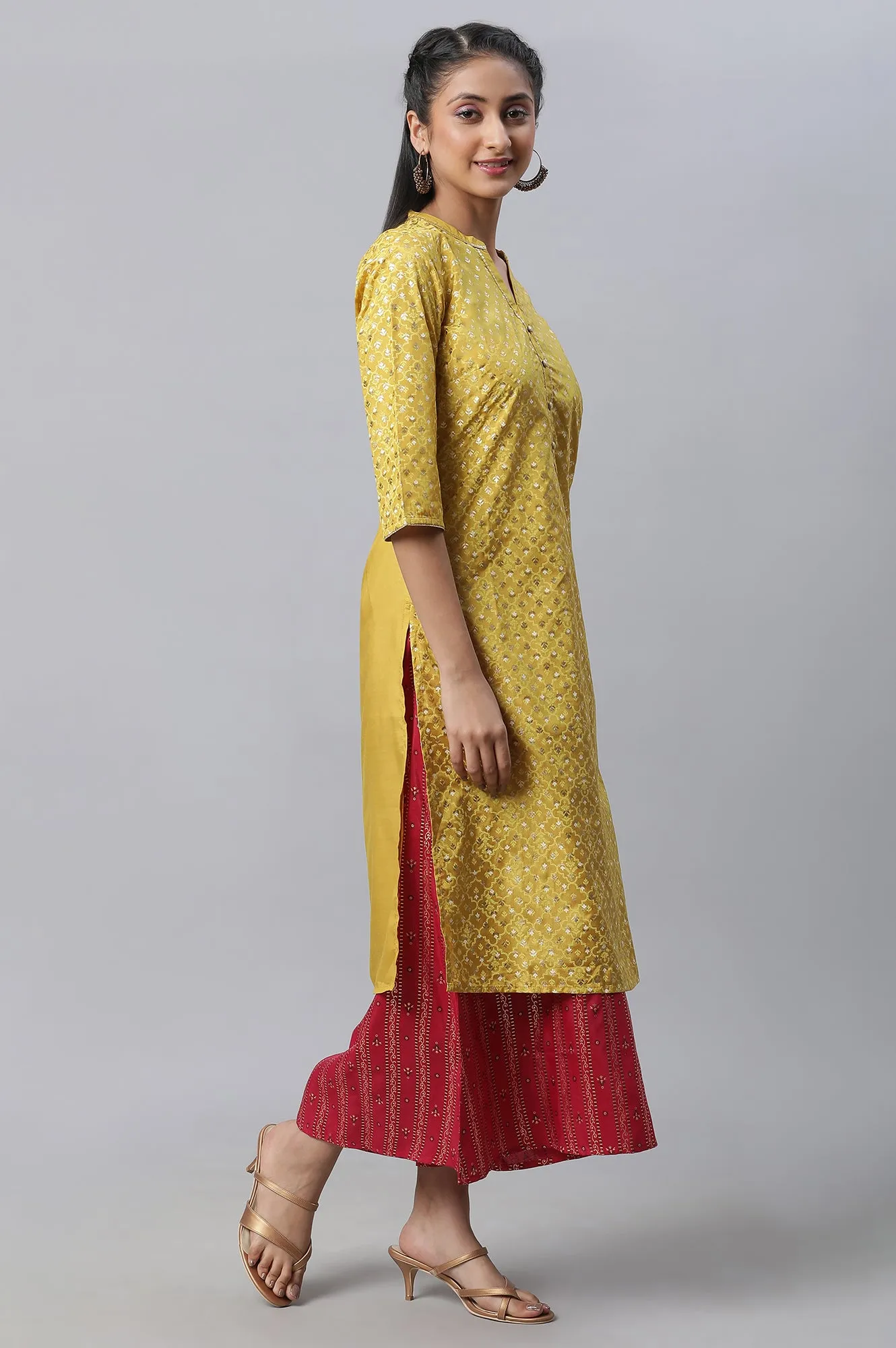 Yellow Foil Printed kurta, Culottes & Dupatta
