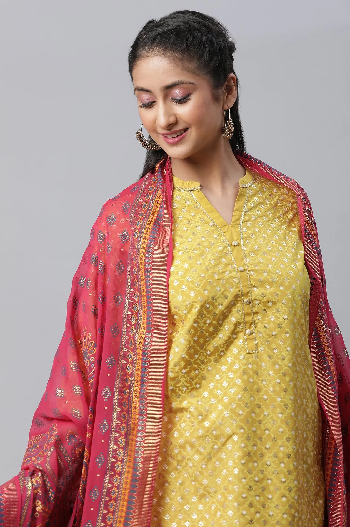 Yellow Foil Printed kurta, Culottes & Dupatta