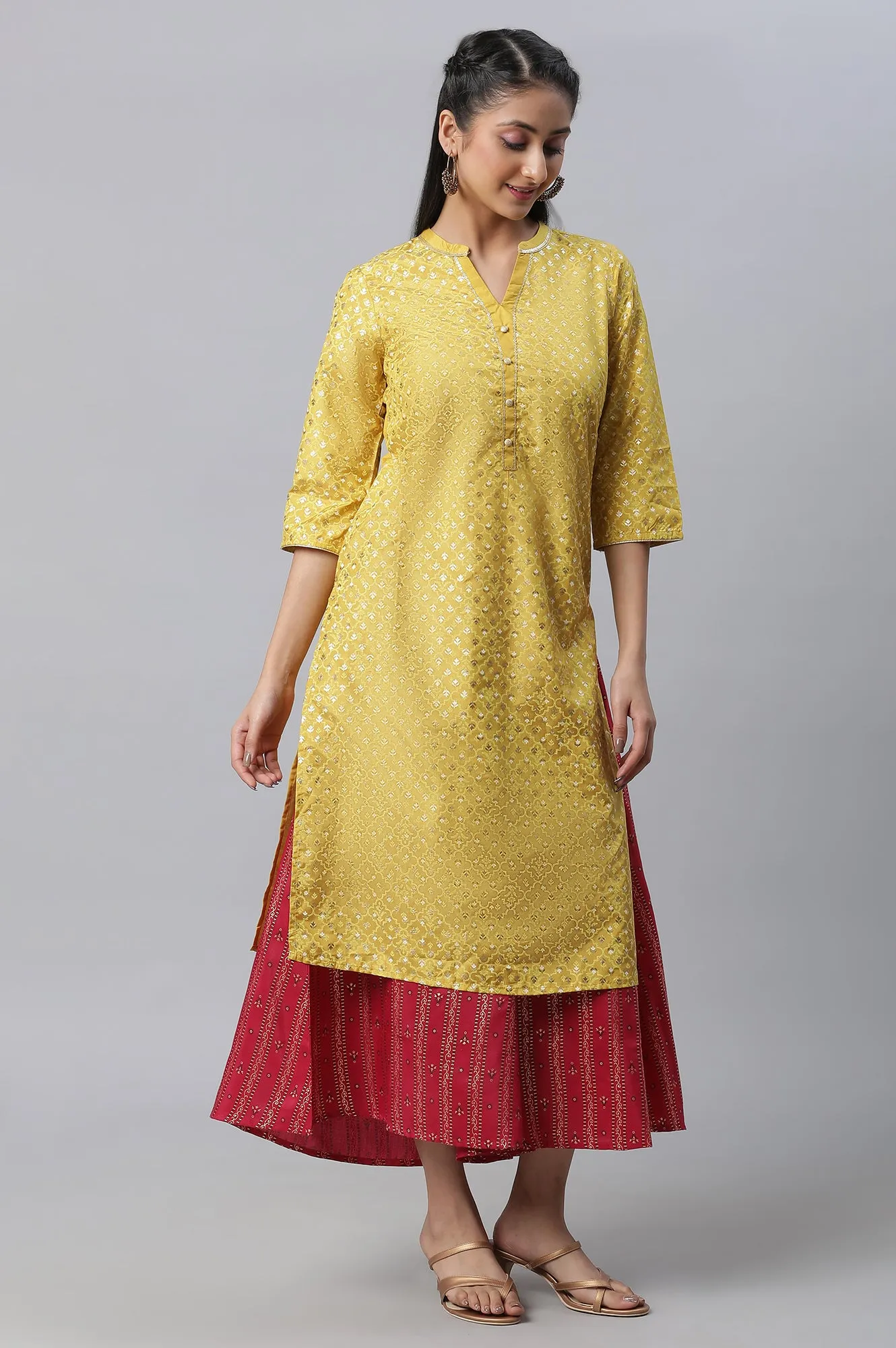 Yellow Foil Printed kurta, Culottes & Dupatta