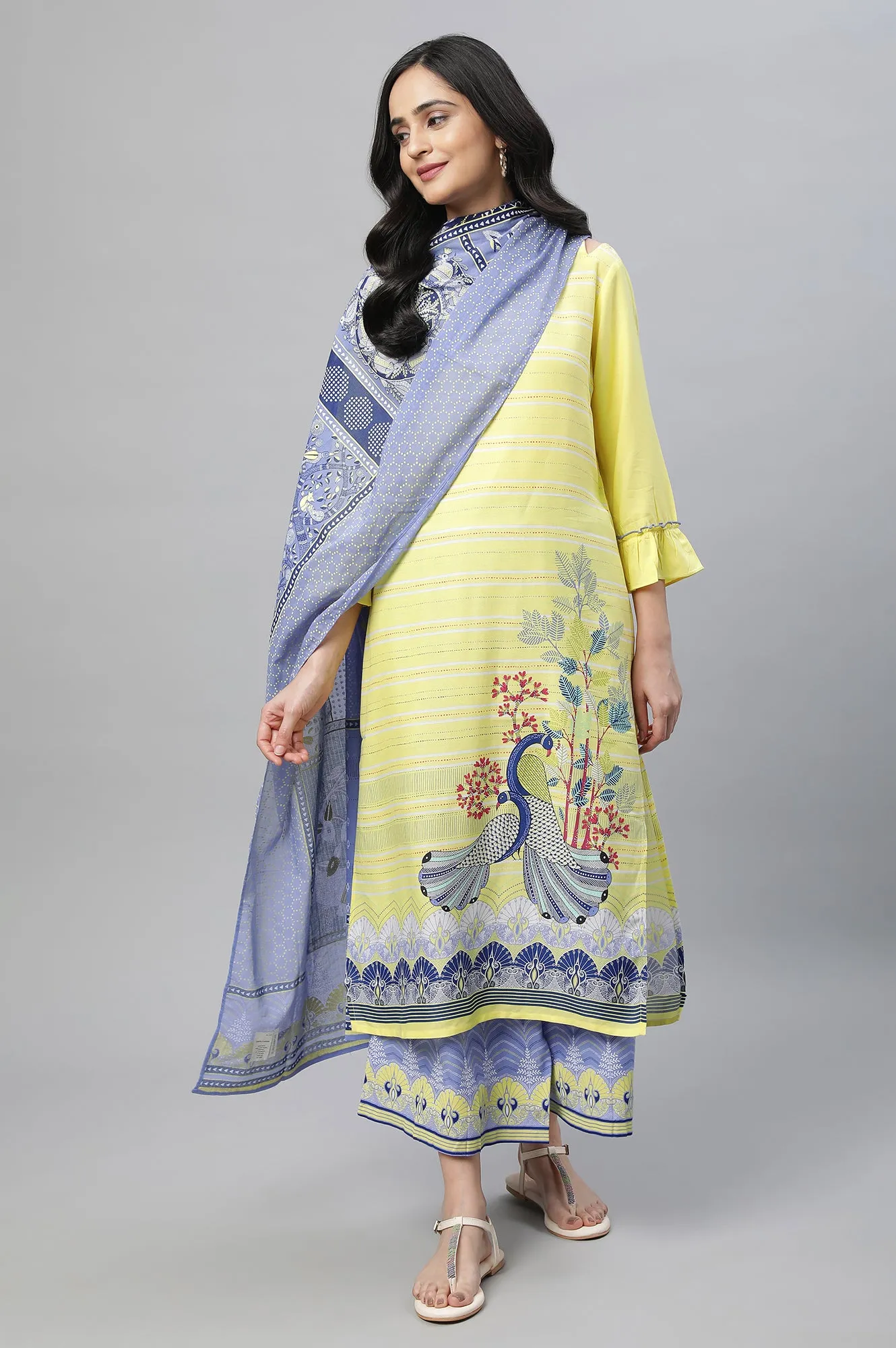 Yellow Printed Kurta, Culottes & Dupatta Set