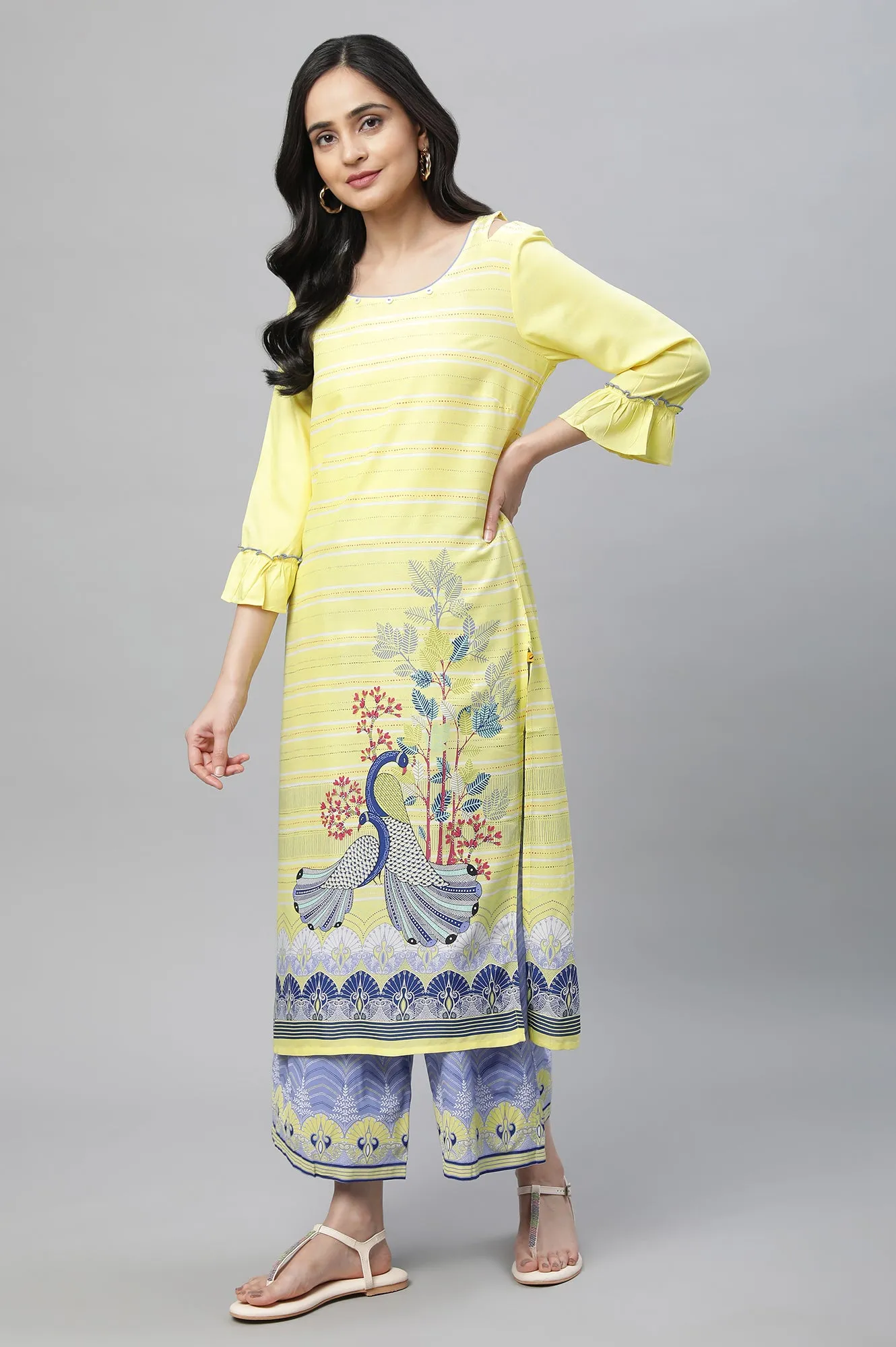 Yellow Printed Kurta, Culottes & Dupatta Set