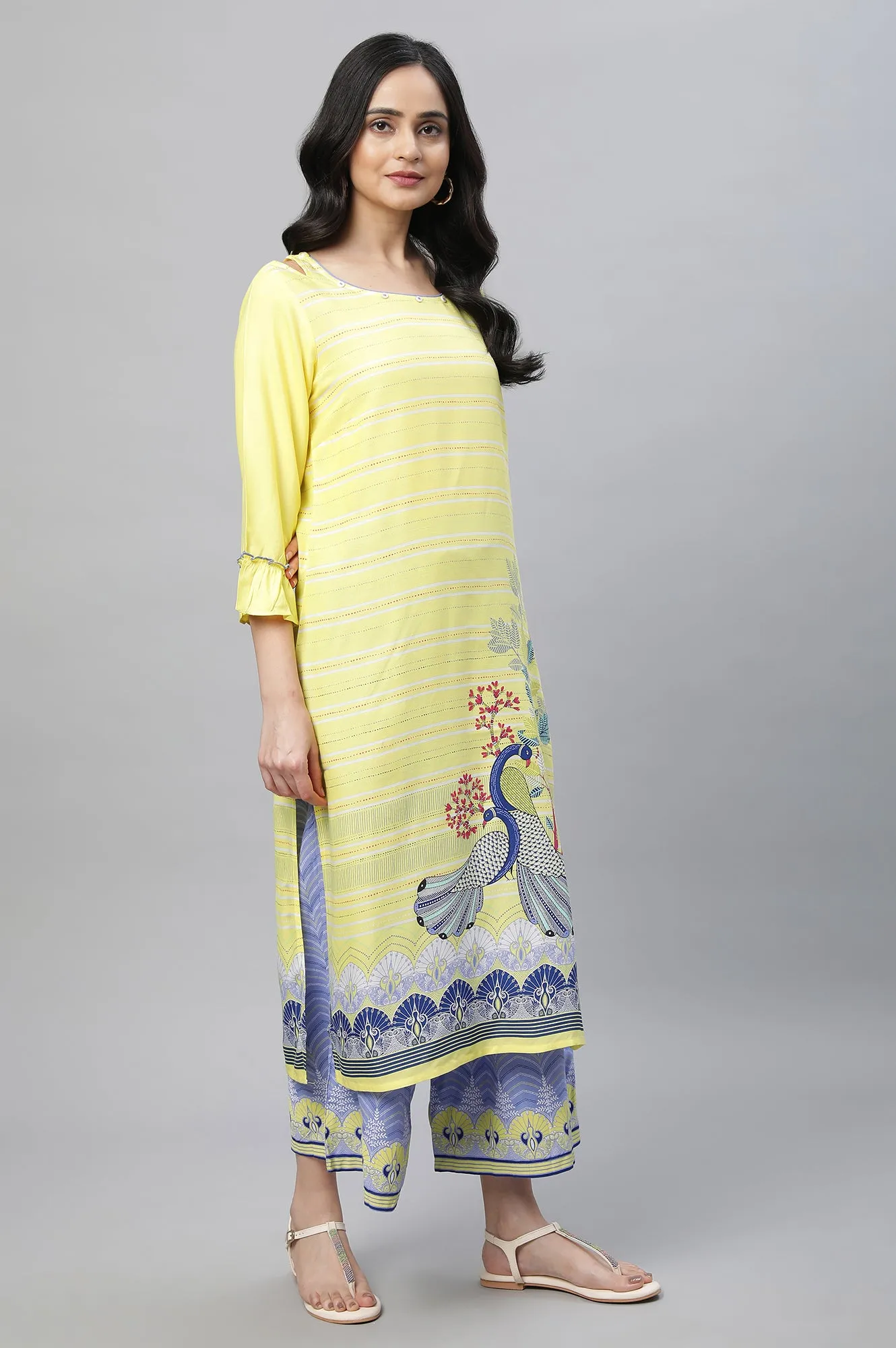 Yellow Printed Kurta, Culottes & Dupatta Set