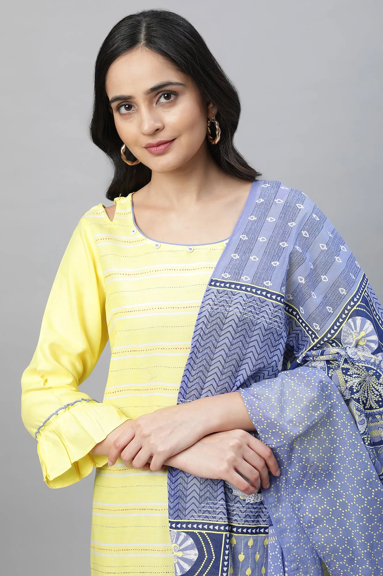 Yellow Printed Kurta, Culottes & Dupatta Set