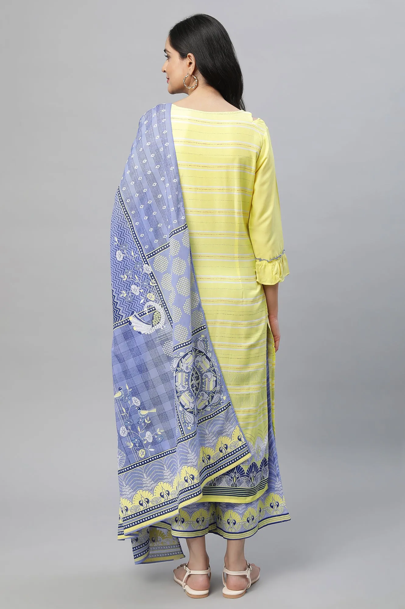 Yellow Printed Kurta, Culottes & Dupatta Set