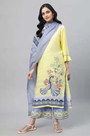 Yellow Printed Kurta, Culottes & Dupatta Set