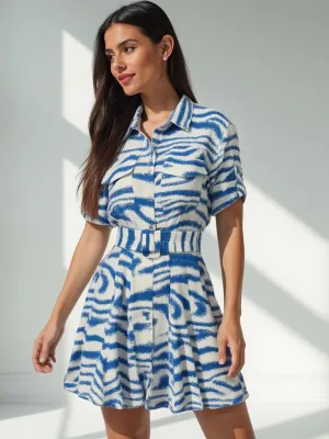 Zebra Print Belted Mini Shirt Dress