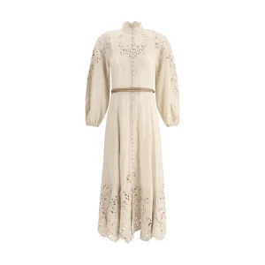 ZIMMERMANN Wylie Women Ivory Dress Linen Belted Balloon Sleeve Midi Bodycon Wrap