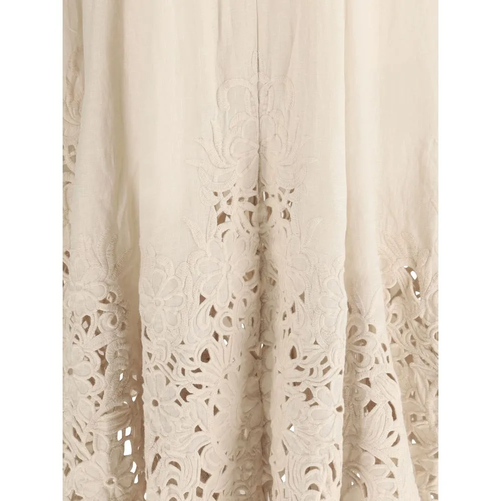ZIMMERMANN Wylie Women Ivory Dress Linen Belted Balloon Sleeve Midi Bodycon Wrap