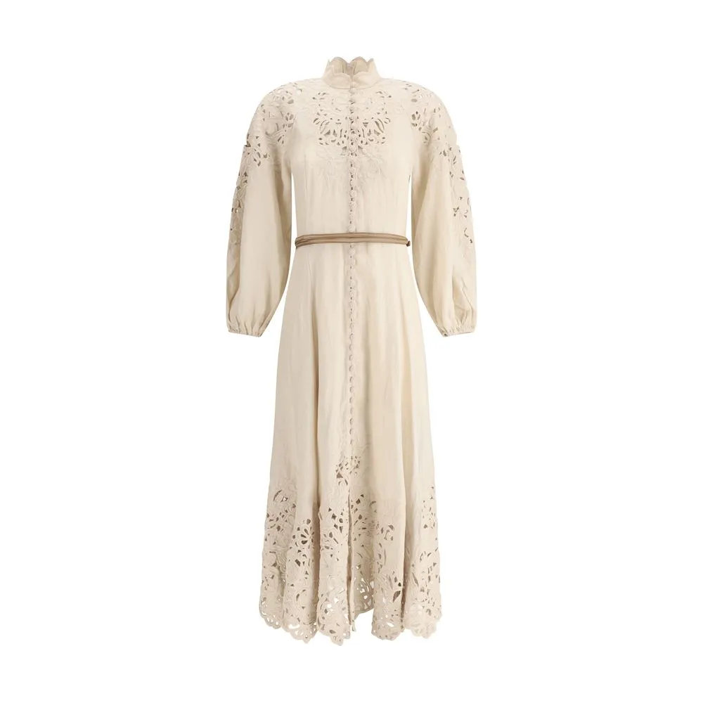 ZIMMERMANN Wylie Women Ivory Dress Linen Belted Balloon Sleeve Midi Bodycon Wrap